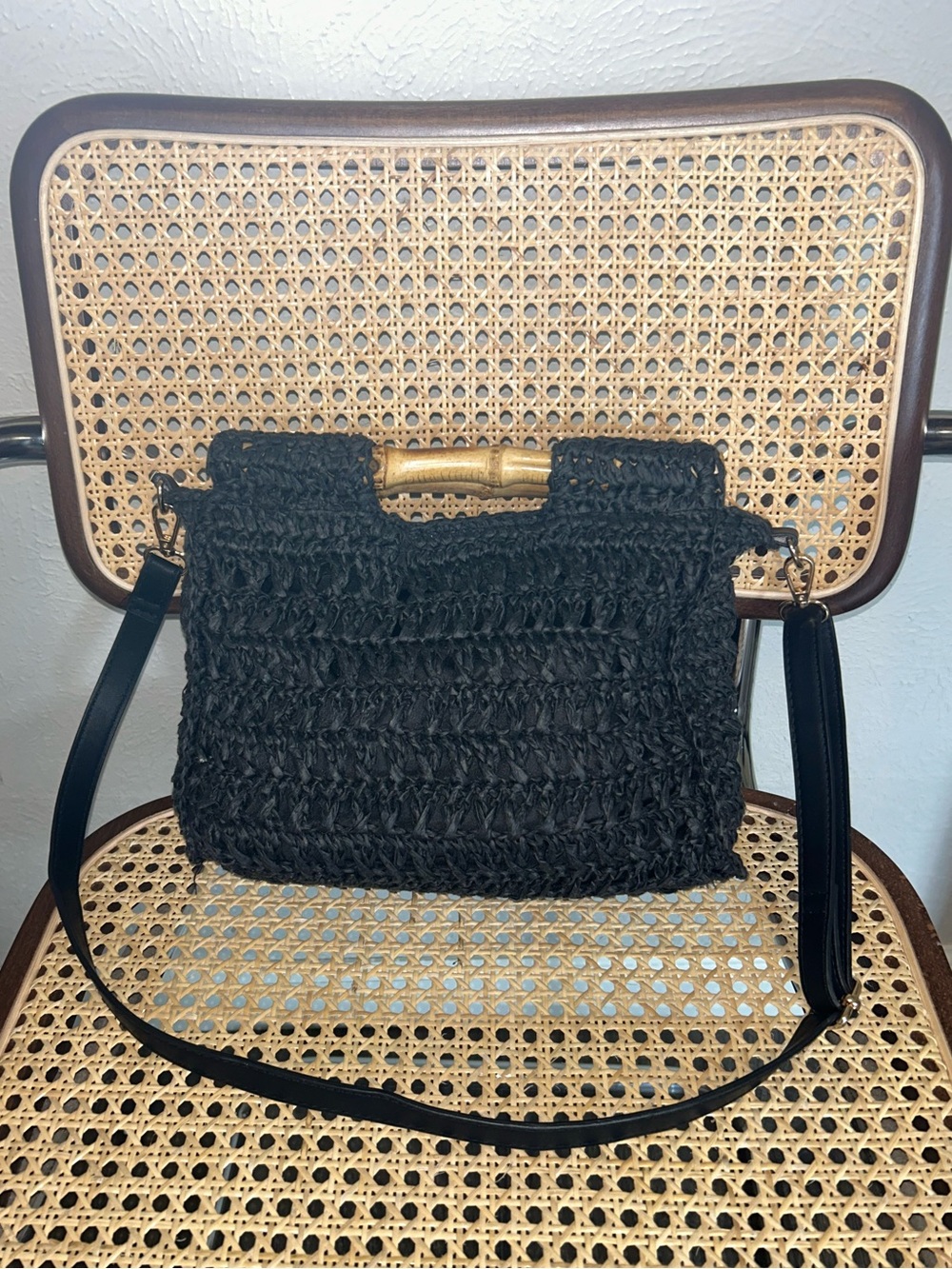 Black Woven Straw Crossbody Bag Bamboo
